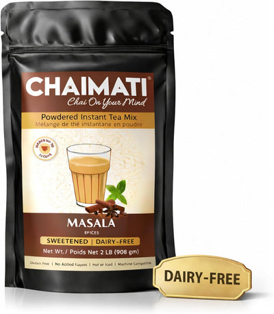 Chaimati Masala Dairy-Free Instant Chai Mix, 2 LB (908 gm) | Sweetened, Vegan Friendly, Gluten Free | Powdered Tea, Makes 30 Cups | Cinnamon, Ginger, Cardamom | Ready in Seconds | Hot or Iced