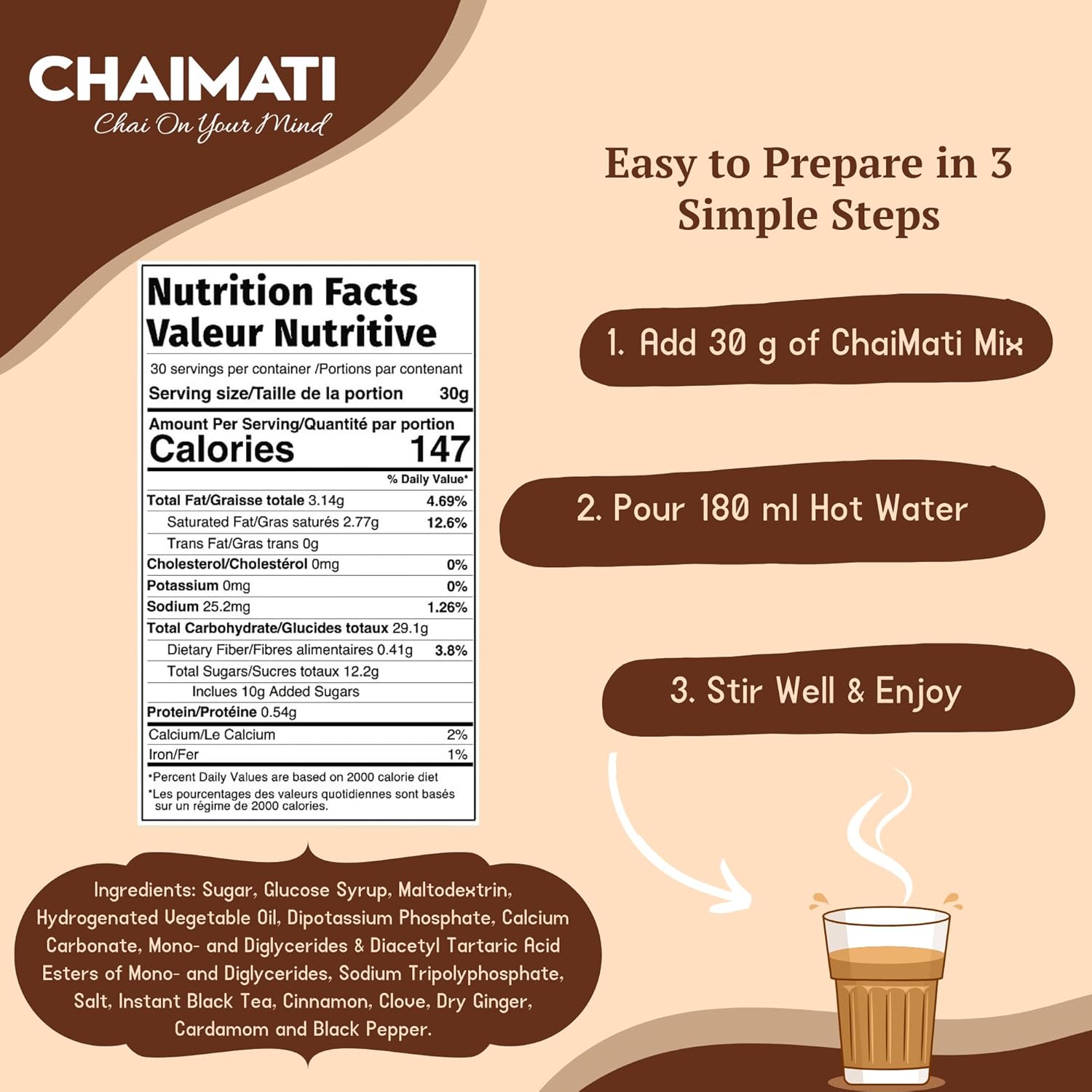 Chaimati Masala Dairy-Free Instant Chai Mix, 2 LB (908 gm) | Sweetened, Vegan Friendly, Gluten Free | Powdered Tea, Makes 30 Cups | Cinnamon, Ginger, Cardamom | Ready in Seconds | Hot or Iced