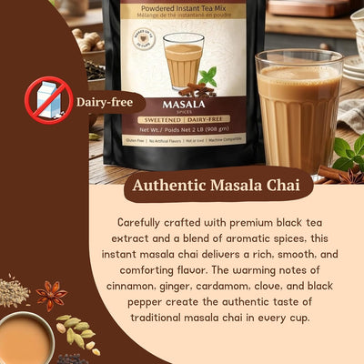Chaimati Masala Dairy-Free Instant Chai Mix, 2 LB (908 gm) | Sweetened, Vegan Friendly, Gluten Free | Powdered Tea, Makes 30 Cups | Cinnamon, Ginger, Cardamom | Ready in Seconds | Hot or Iced