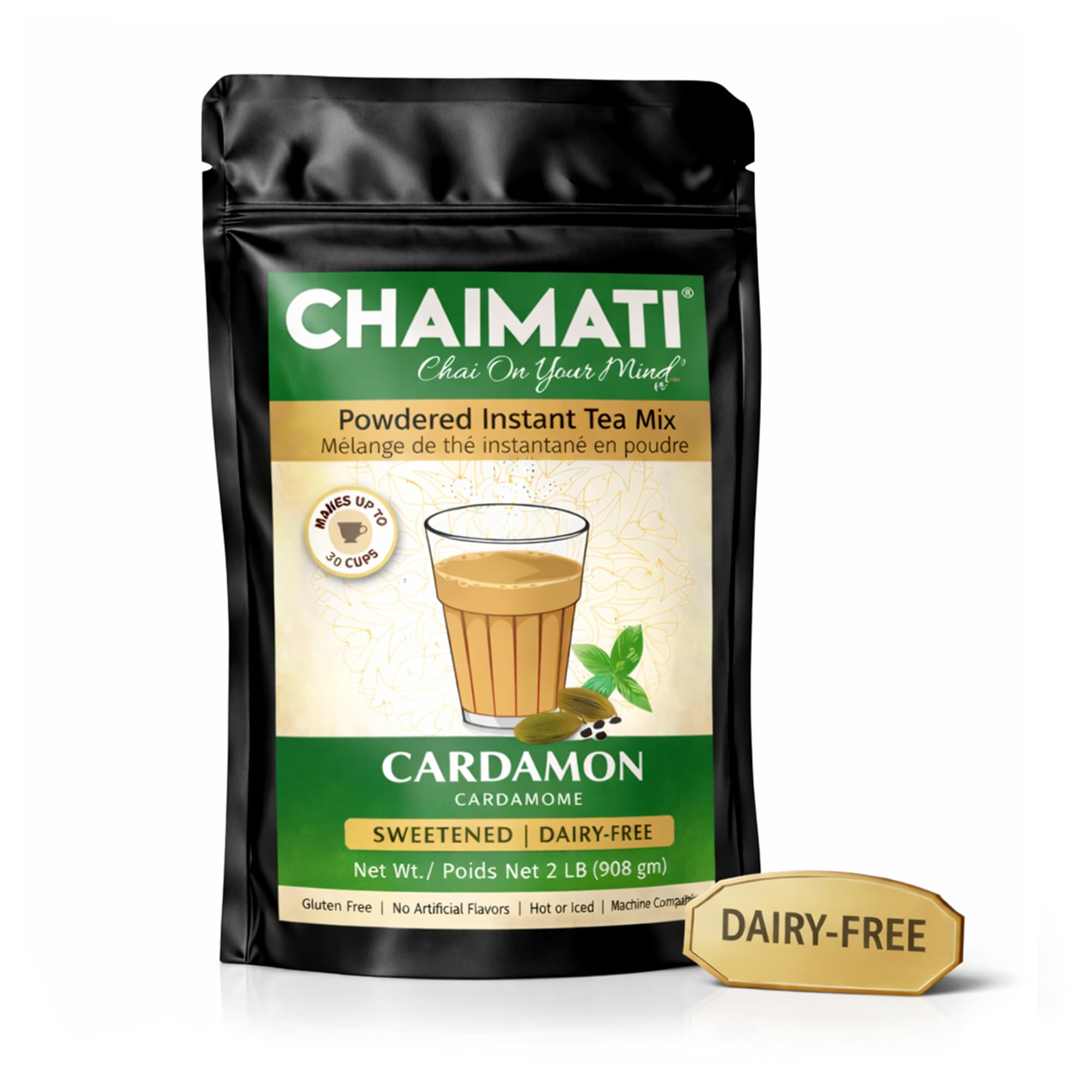 Chaimati Cardamom Dairy-Free Chai Mix, 2 LB (908 gm) | Sweetened, Vegan, Gluten Free, No Artificial Flavors | Instant Powdered Tea, Makes 30 Cups | Elaichi Flavor | Ready in Seconds | Hot or Iced