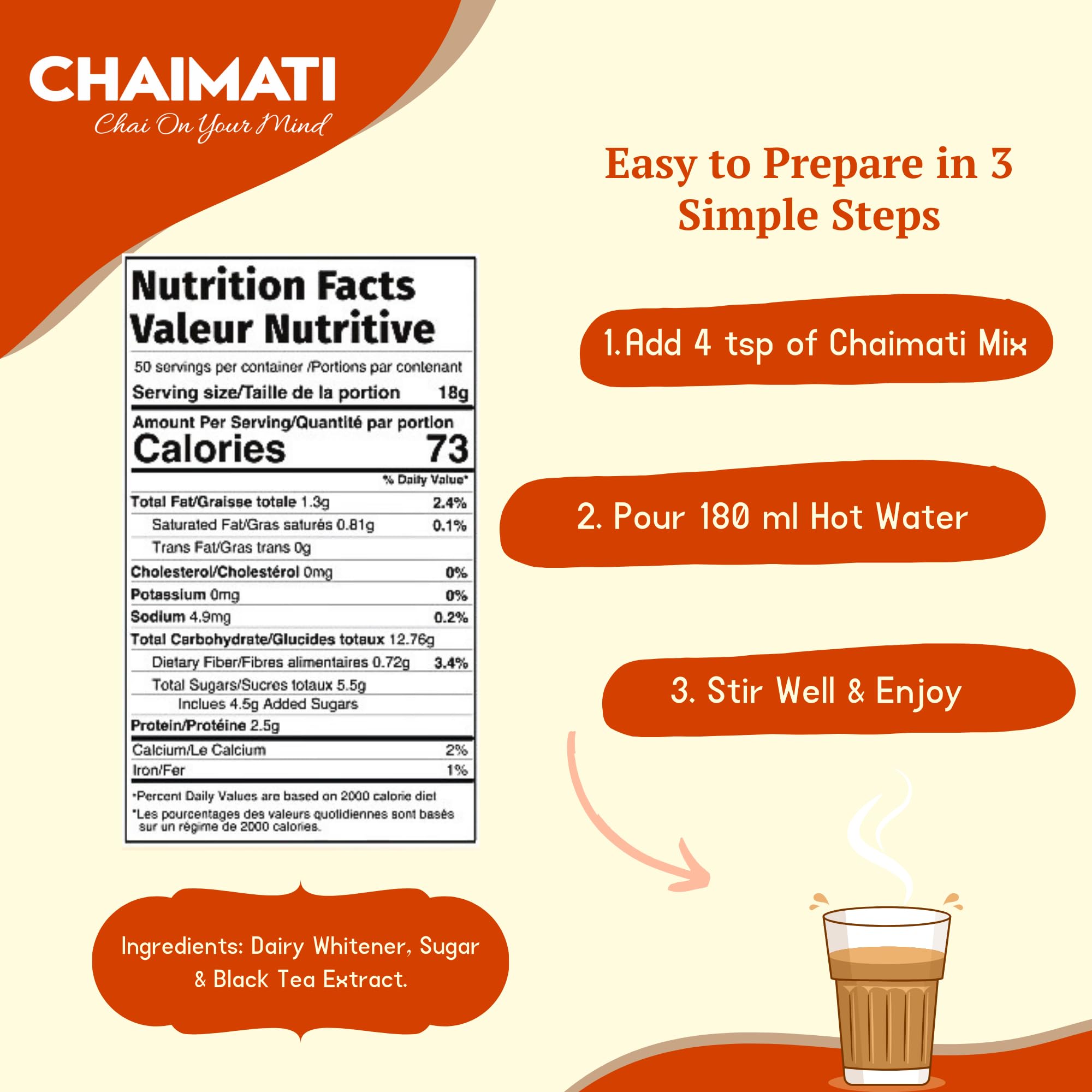 Chaimati Original Instant Chai Mix, 2 LB (908 gm) | Sweetened, Dairy Based, Gluten Free, No Artificial Flavors | Powdered Tea, Makes 50 Cups, Ready in Seconds | Authentic Creamy Chai | Hot or Iced