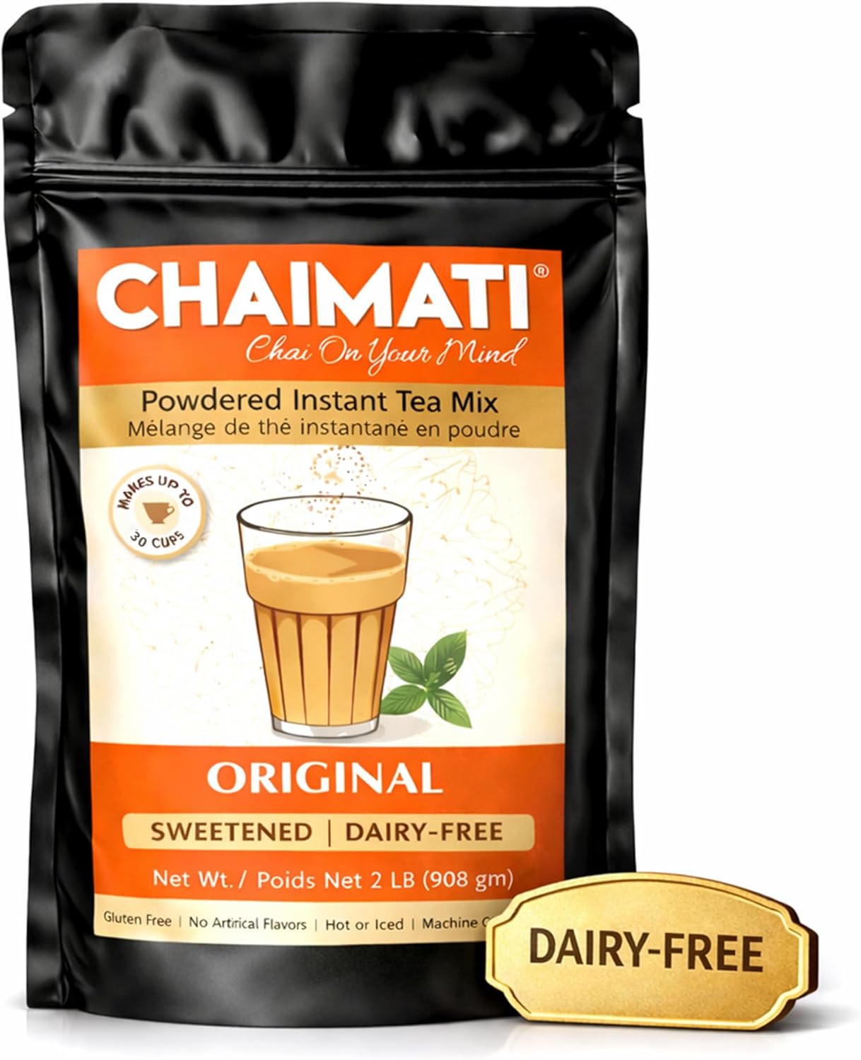 Chaimati Original Dairy-Free Instant Chai Mix, 2 LB (908 gm) | Sweetened, Vegan Friendly, Gluten Free | Powdered Tea, Makes 30 Cups | No Artificial Flavors | Ready in Seconds | Hot or Iced