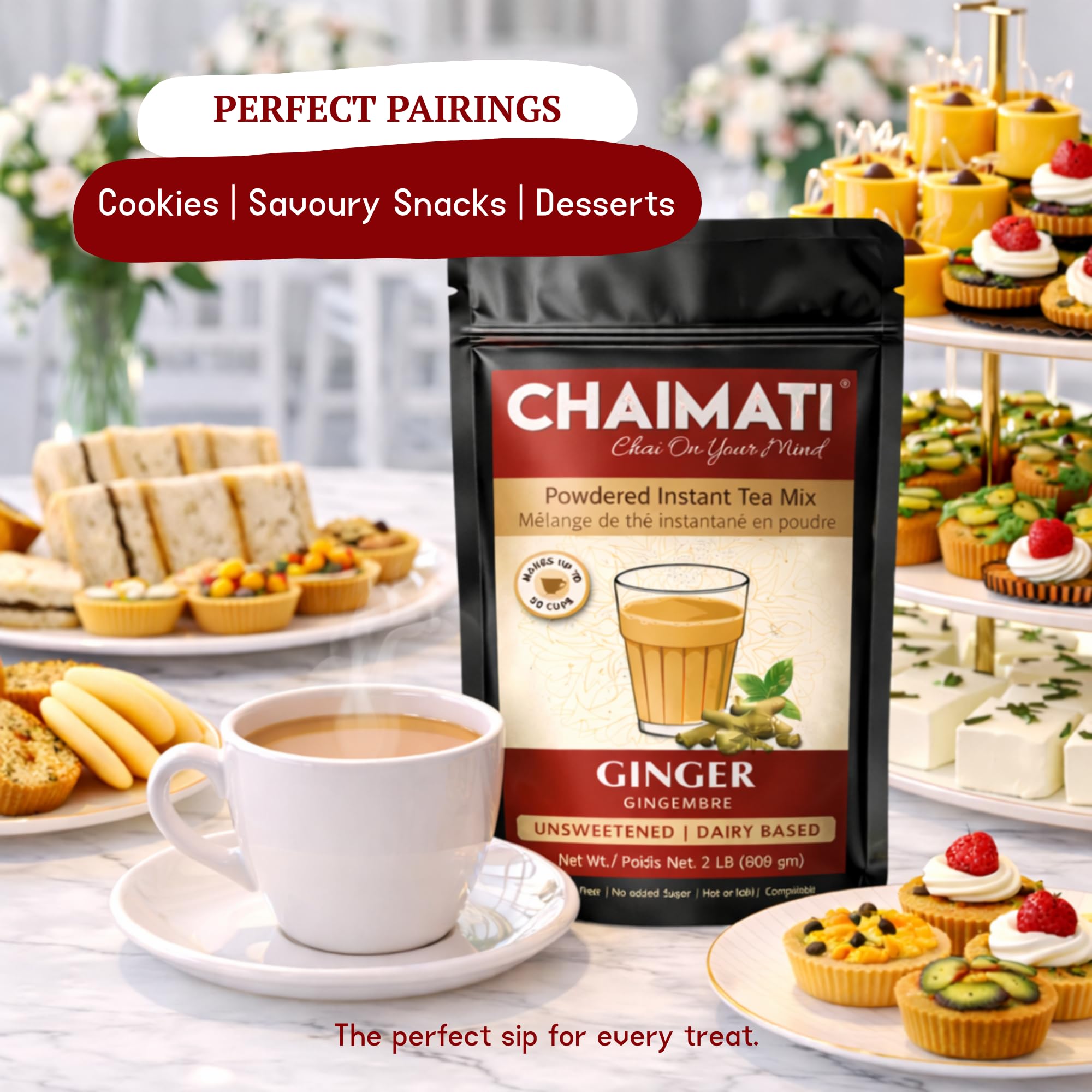 Chaimati Unsweetened Ginger Chai Mix, 2 LB (908 gm) | No Added Sugar, Gluten Free, Dairy Based | Instant Powdered Tea, Makes 75 Cups | Natural Ginger Flavor | Ready in Seconds | Ht or Iced