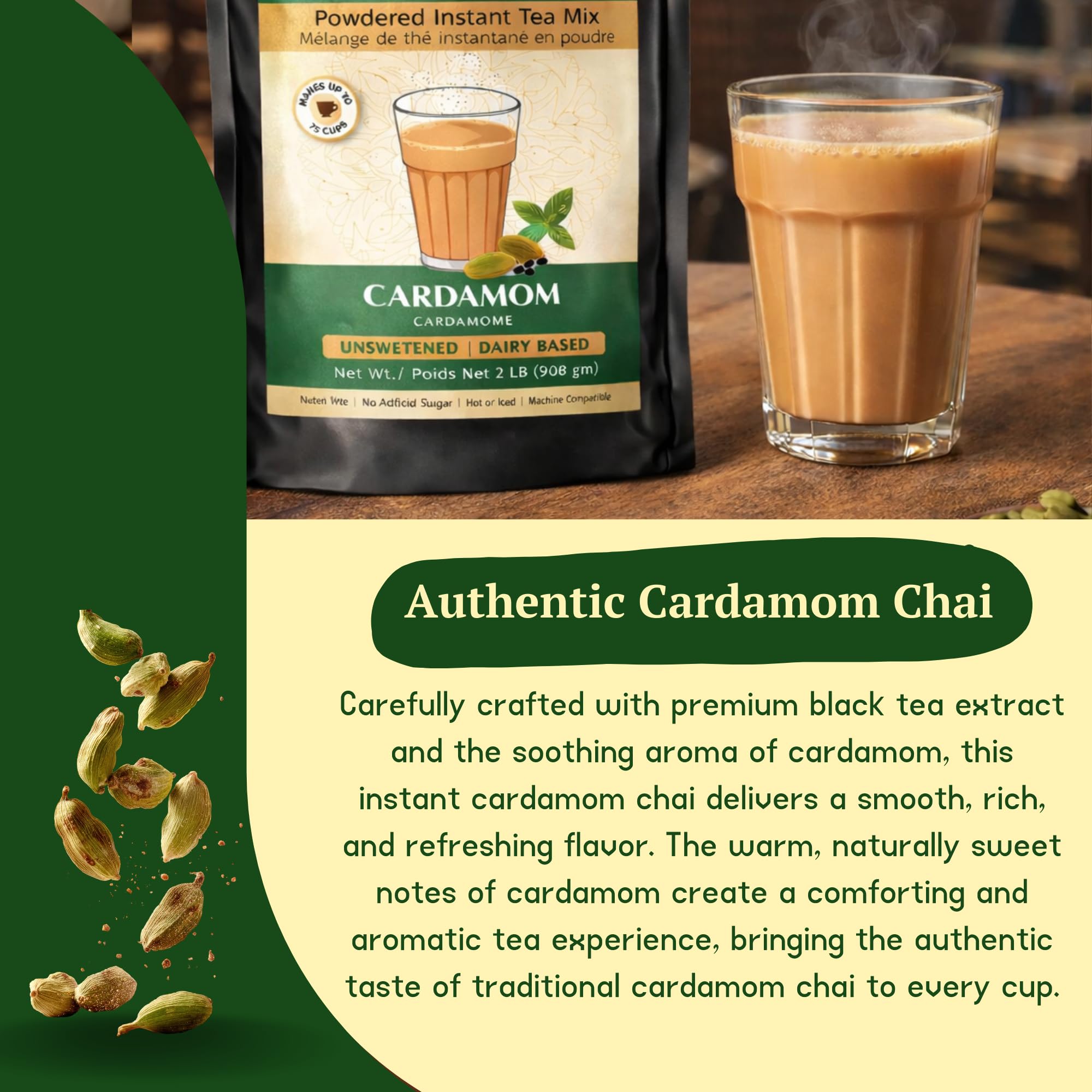 Chaimati Unsweetened Cardamom Chai Mix, 2 LB (908 gm) | No Added Sugar, Gluten Free, Dairy Based | Instant Powdered Tea, Makes 75 Cups | Natural Cardamom Flavor | Ready in Seconds | Hot or Iced