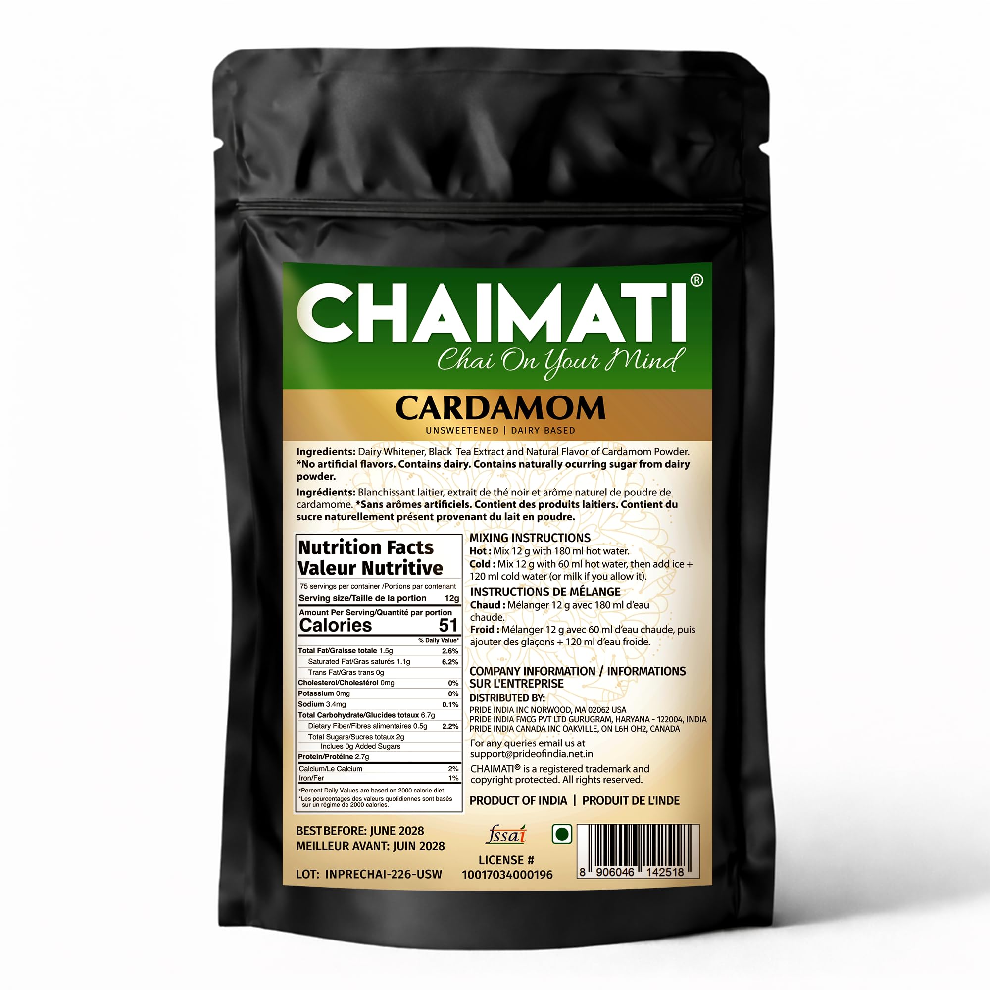 Chaimati Unsweetened Cardamom Chai Mix, 2 LB (908 gm) | No Added Sugar, Gluten Free, Dairy Based | Instant Powdered Tea, Makes 75 Cups | Natural Cardamom Flavor | Ready in Seconds | Hot or Iced