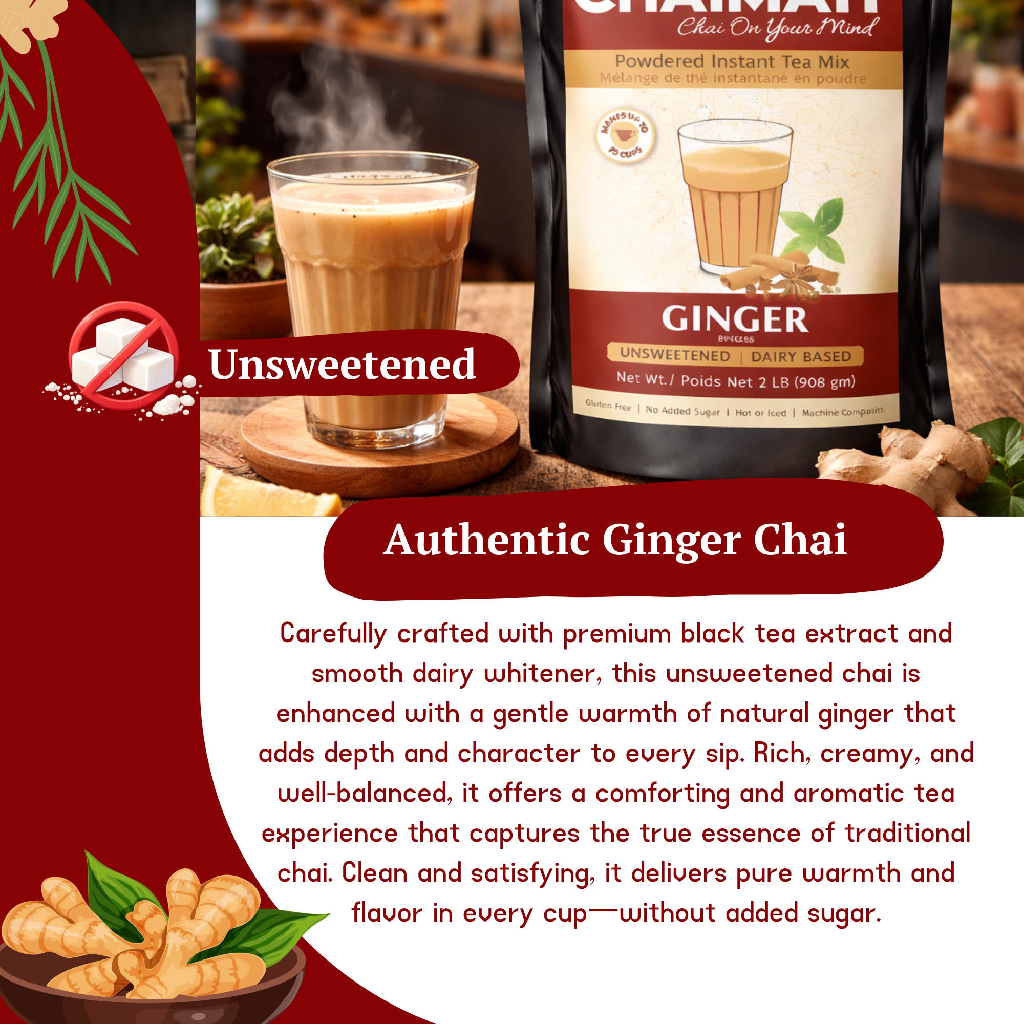 CHAIMATI Unsweetened Instant Ginger Chai Latte Premix - 2 lb